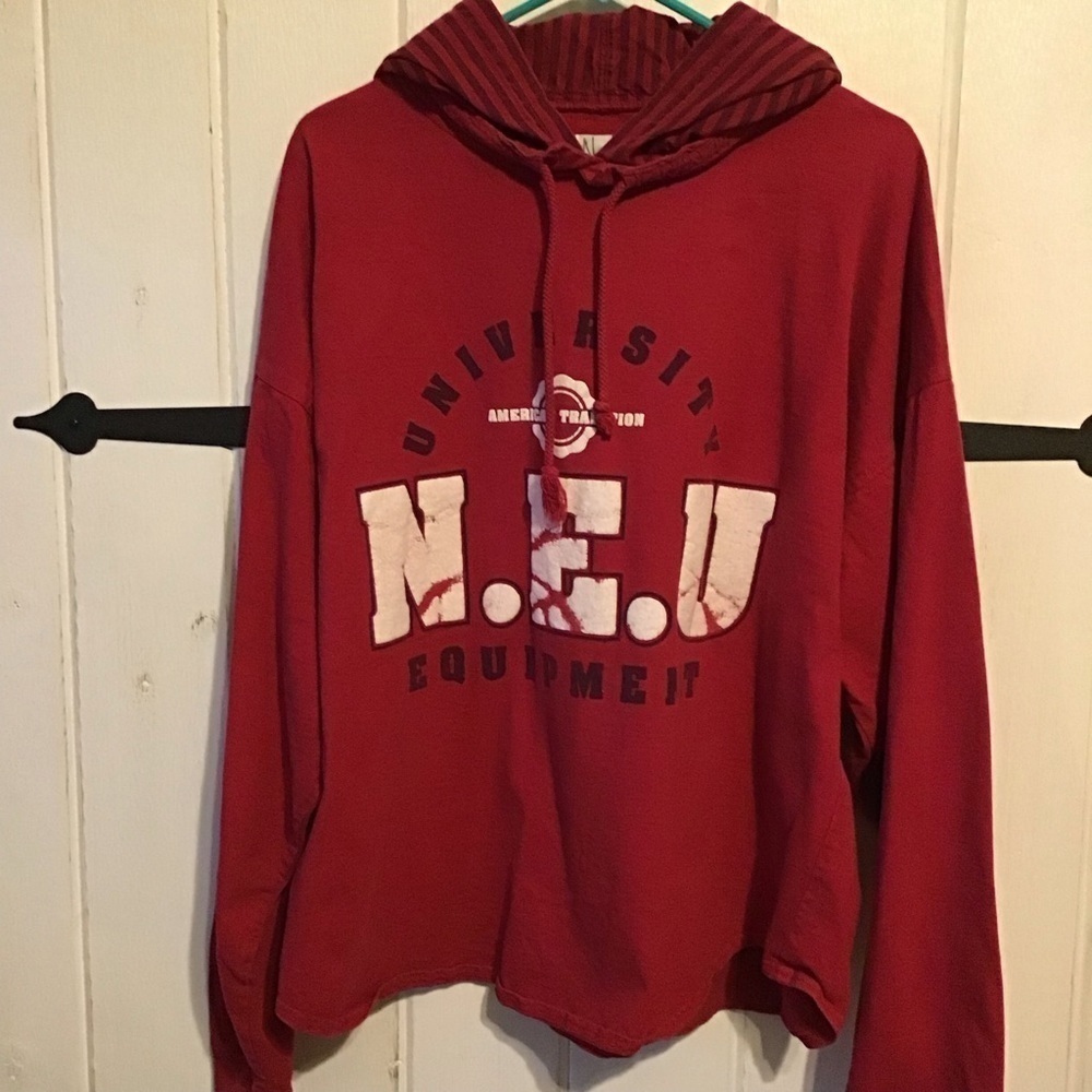 Vintage N.E.U Equipment Sweatshirt Hoodie Oversized Red Puff Print Size Medium